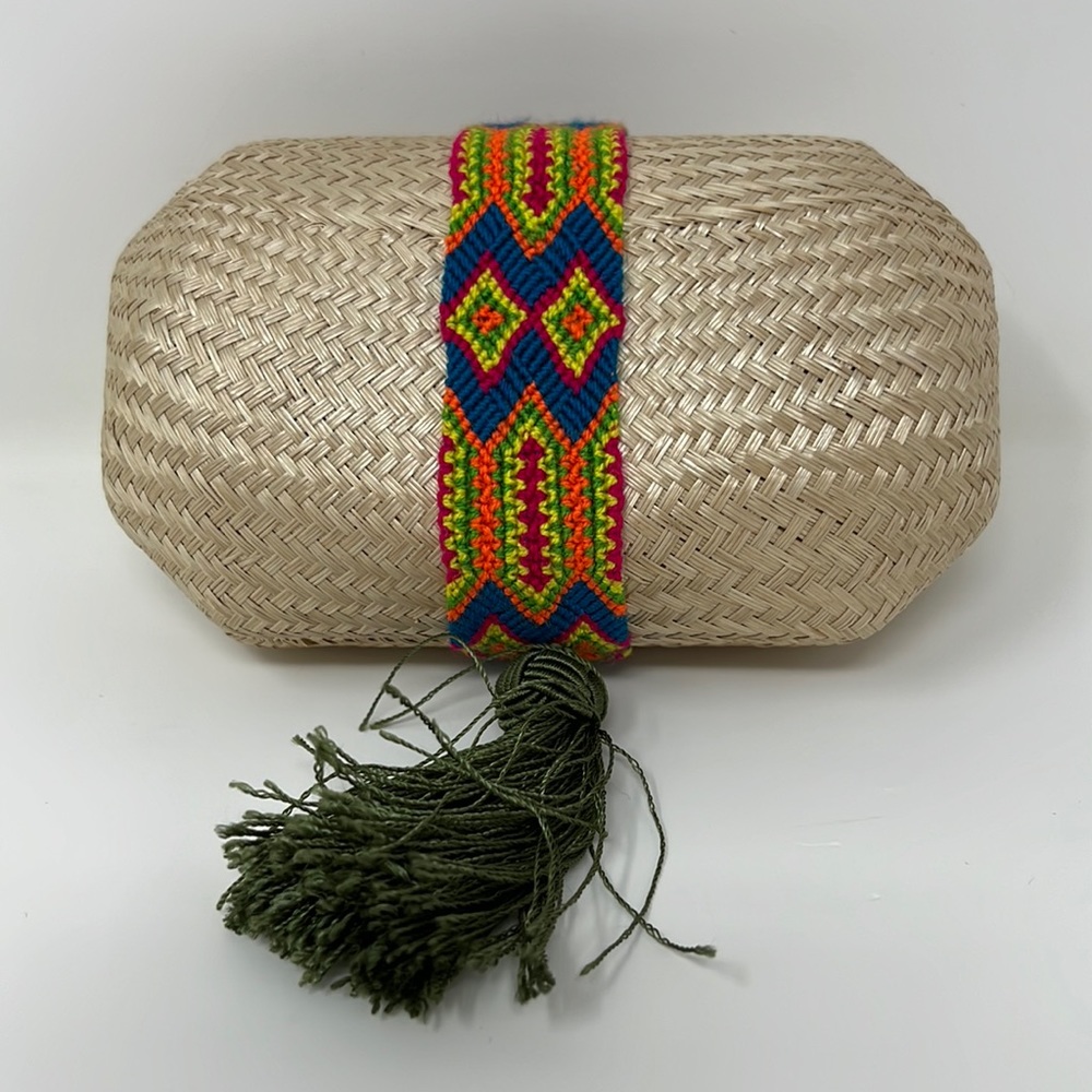 Jenny Polanco raffia clutch with needlepoint design